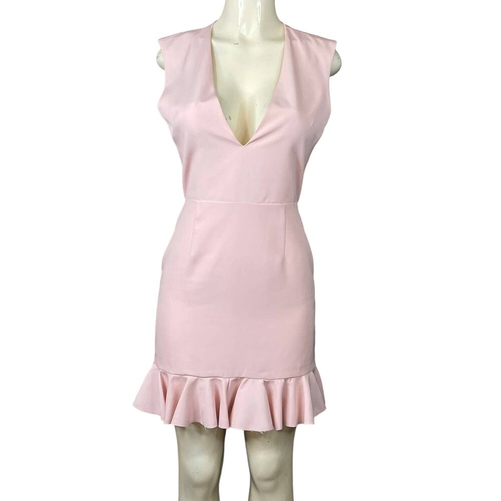 NBD Senseless Pink Sleeveless Dress Open Back Deep V Neck Ruffle Trim SZ Medium